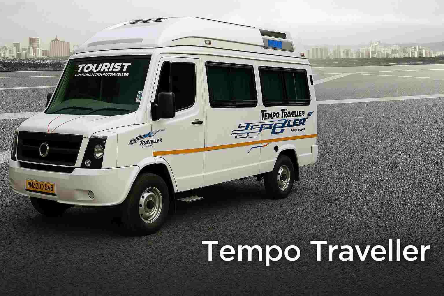 White tempo traveller parked on an open road with a city skyline in the background, showcasing rental travel vehicle for group transportation"